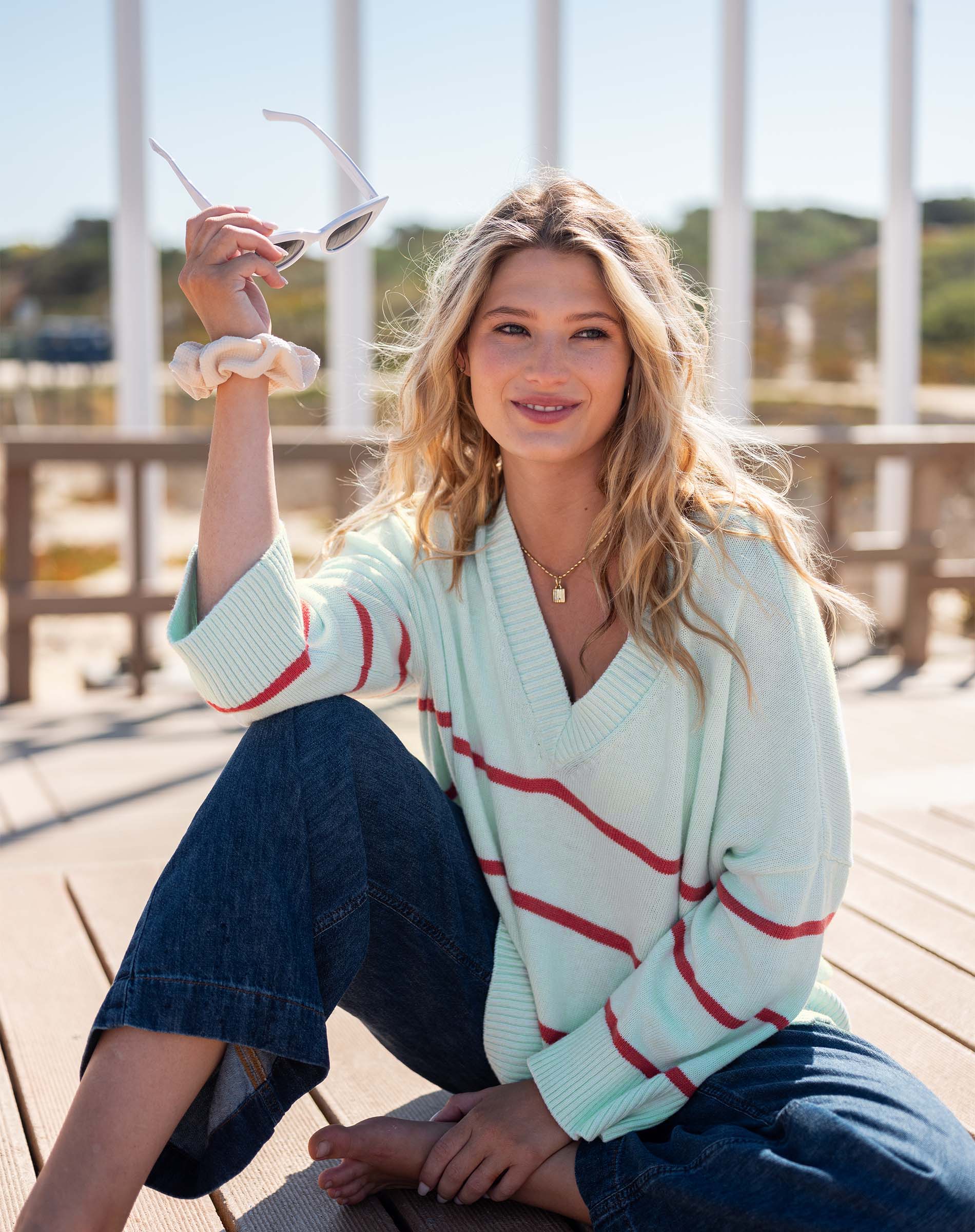 Women's Light Blue Red Striped Heavyweight Vneck Sweater