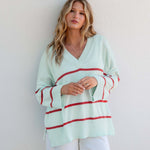 Women's Light Blue Red Striped Heavyweight Vneck Sweater