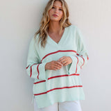 Women's Light Blue Red Striped Heavyweight Vneck Sweater