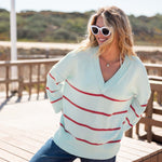 Women's Light Blue Red Striped Heavyweight Vneck Sweater