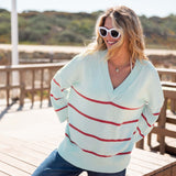 Women's Light Blue Red Striped Heavyweight Vneck Sweater