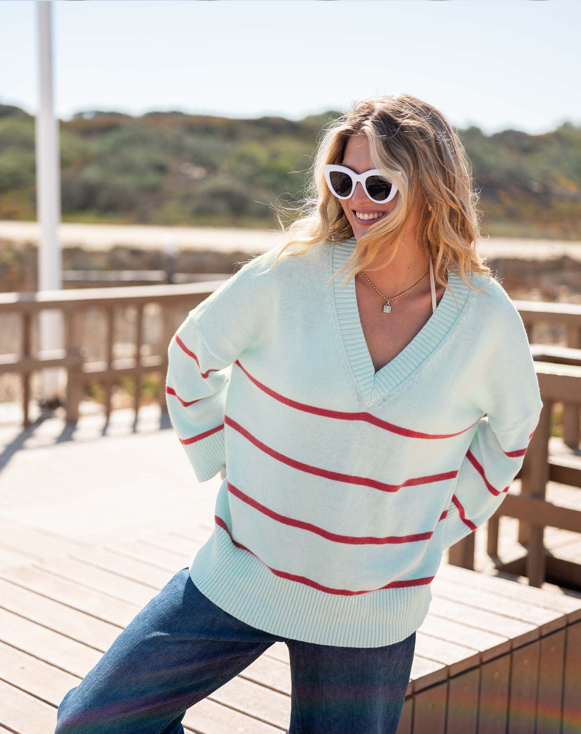 Women's Light Blue Red Striped Heavyweight Vneck Sweater