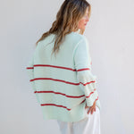 Women's Light Blue Red Striped Heavyweight Vneck Sweater