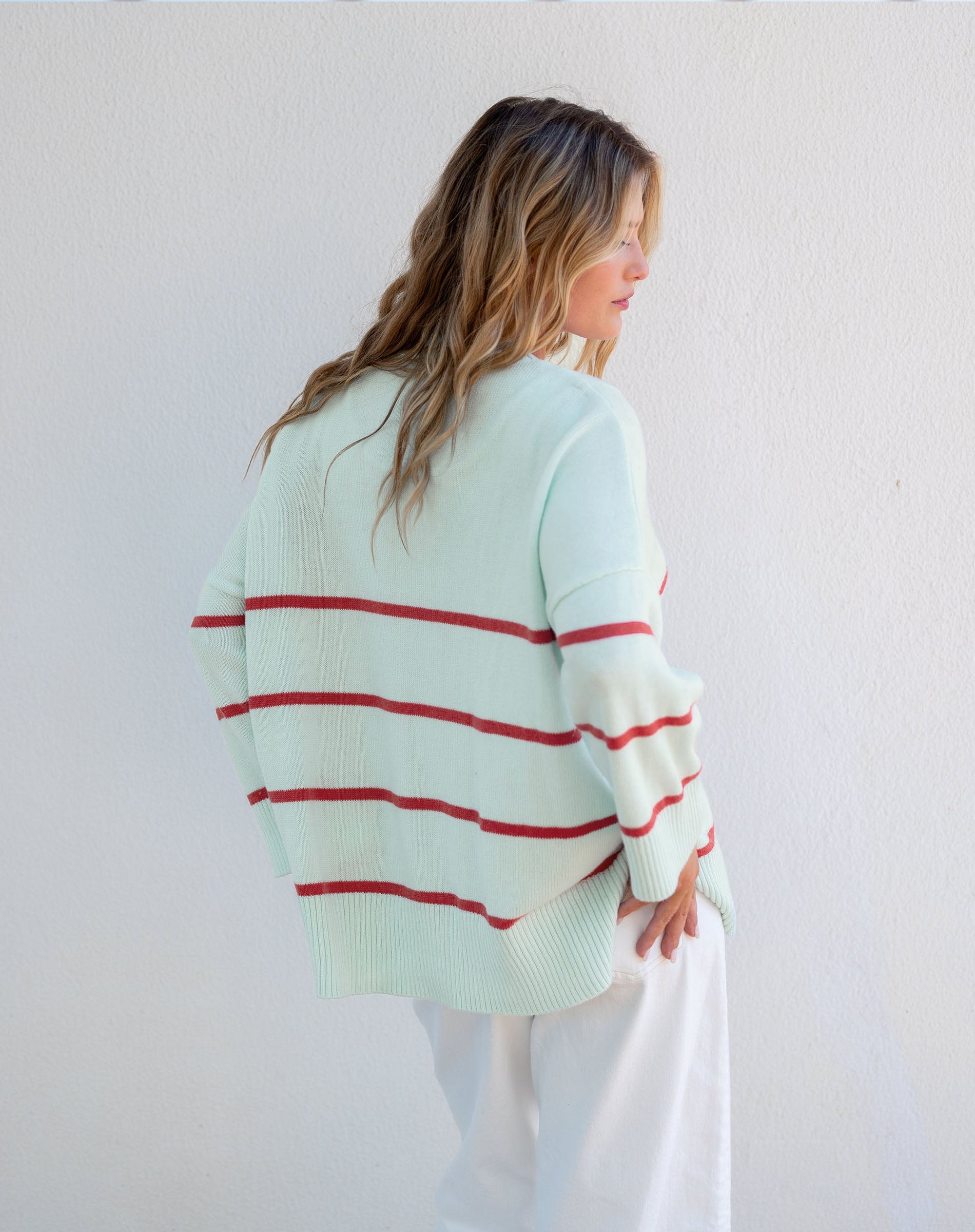 Women's Light Blue Red Striped Heavyweight Vneck Sweater