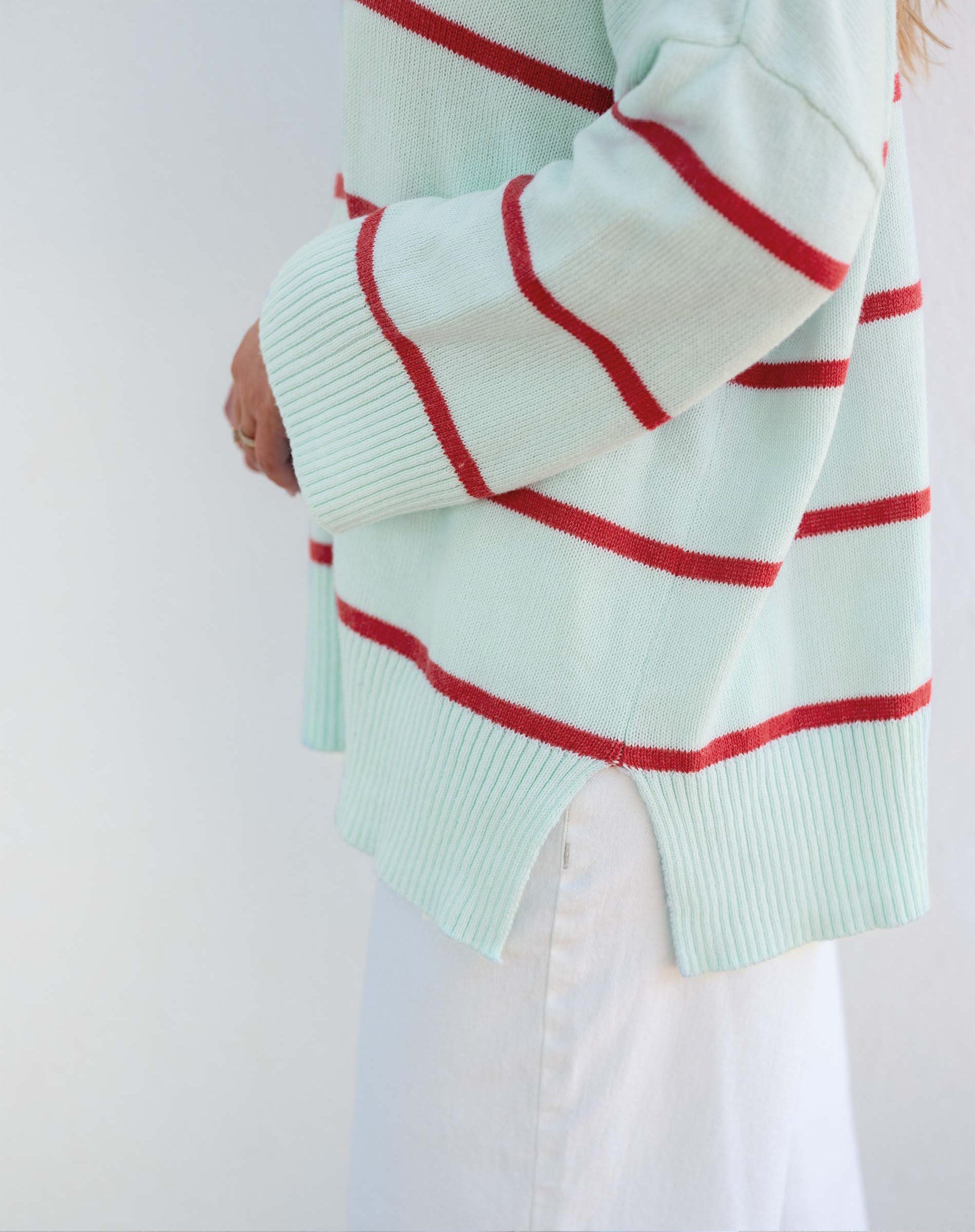 Women's Light Blue Red Striped Heavyweight Vneck Sweater