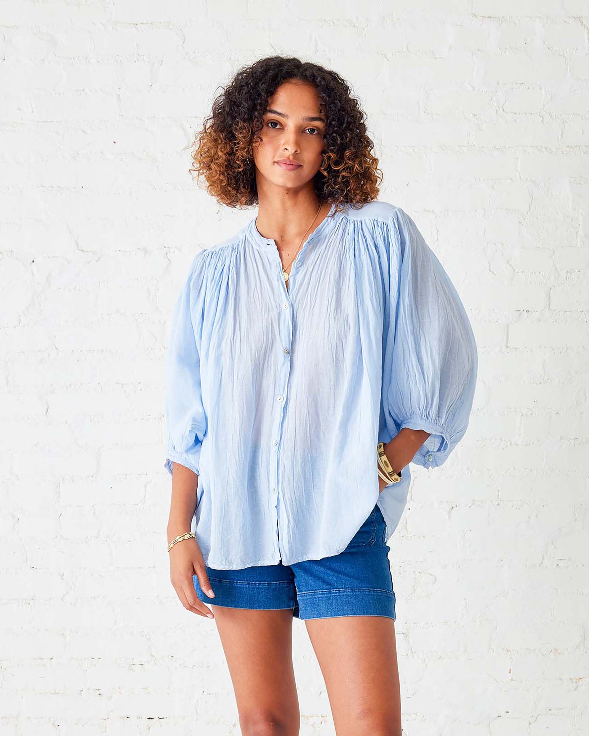 Women's Light Blue Ruffle Blouse Long Sleeve