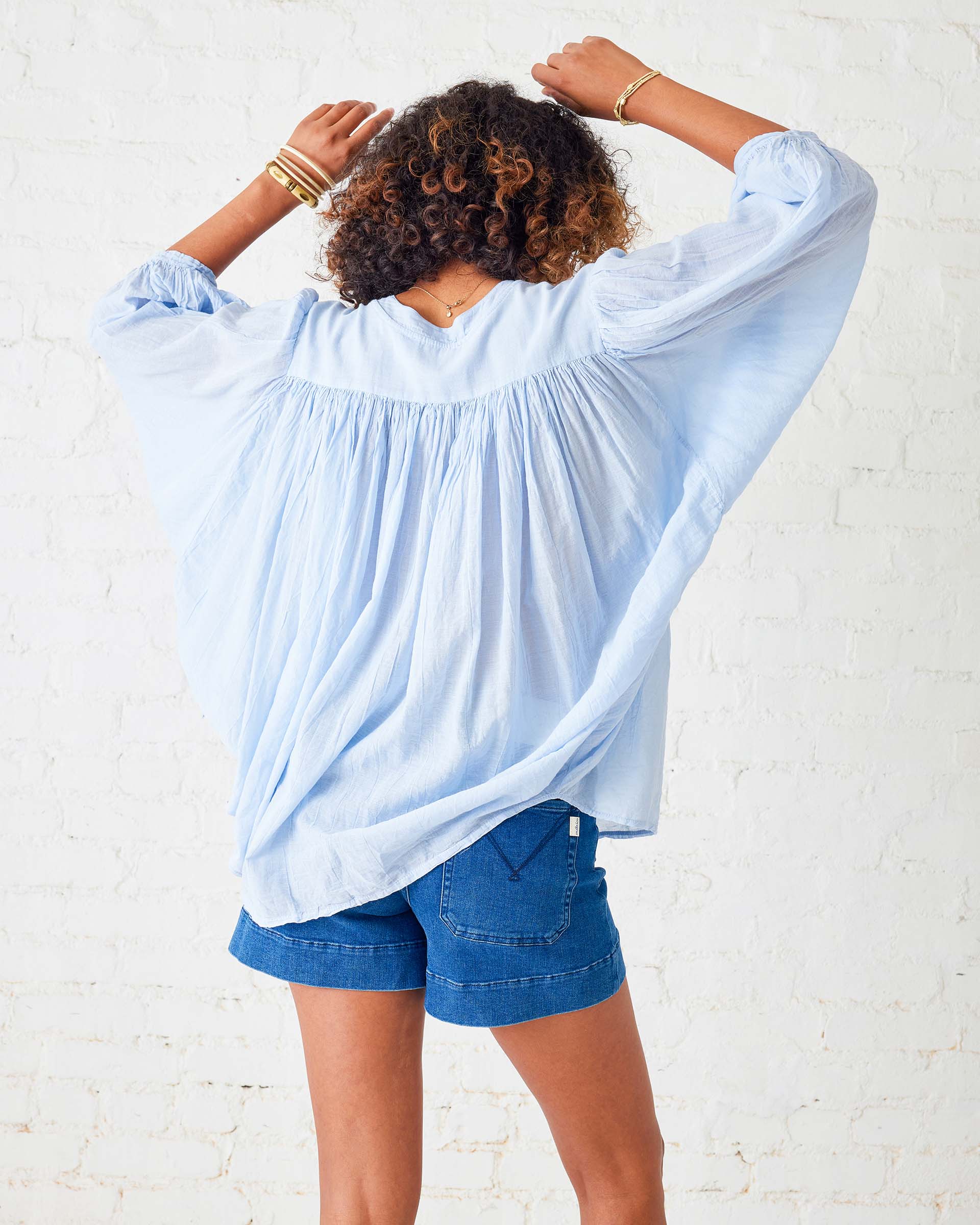 Women's Light Blue Ruffle Blouse Long Sleeve