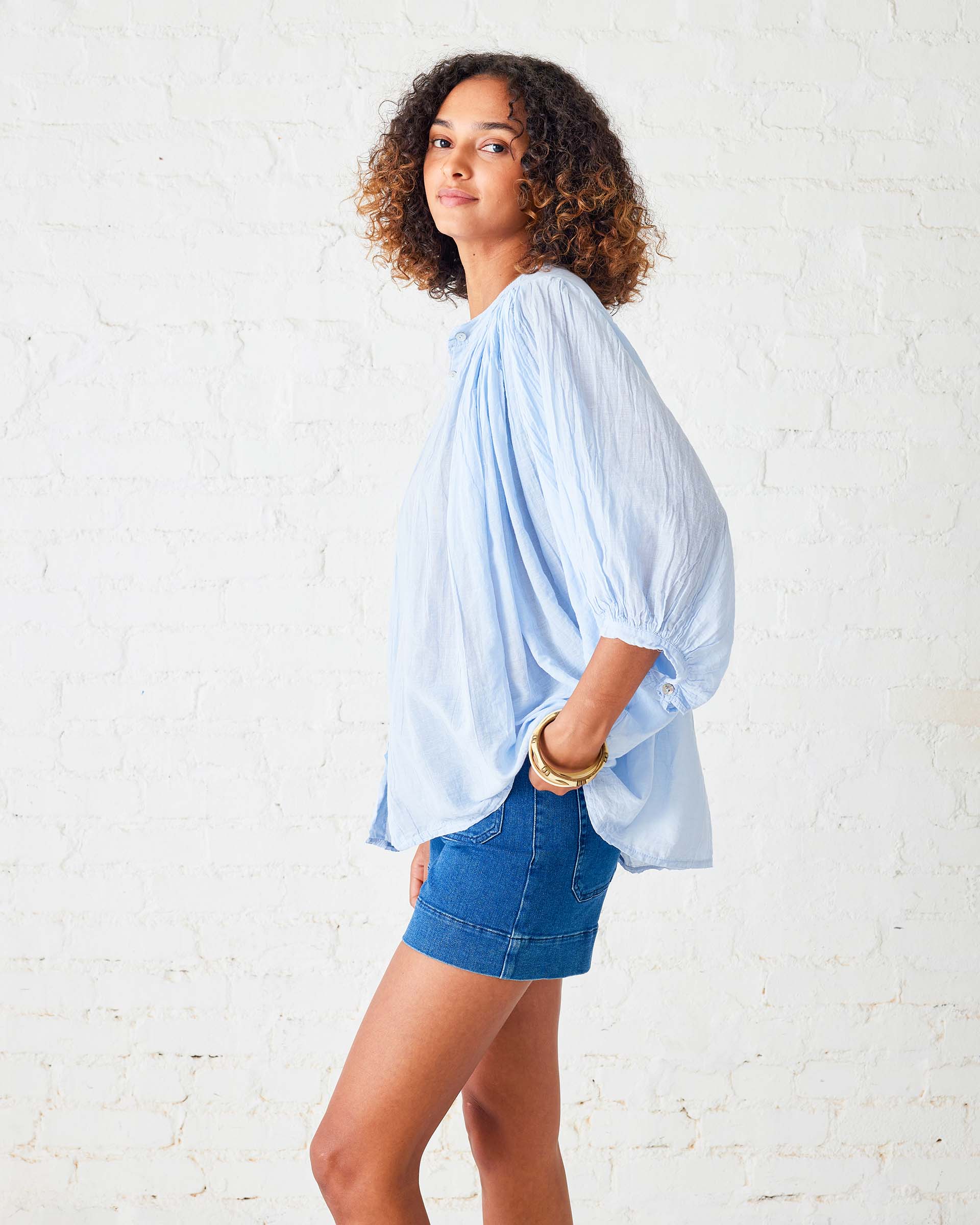 Women's Light Blue Ruffle Blouse Long Sleeve