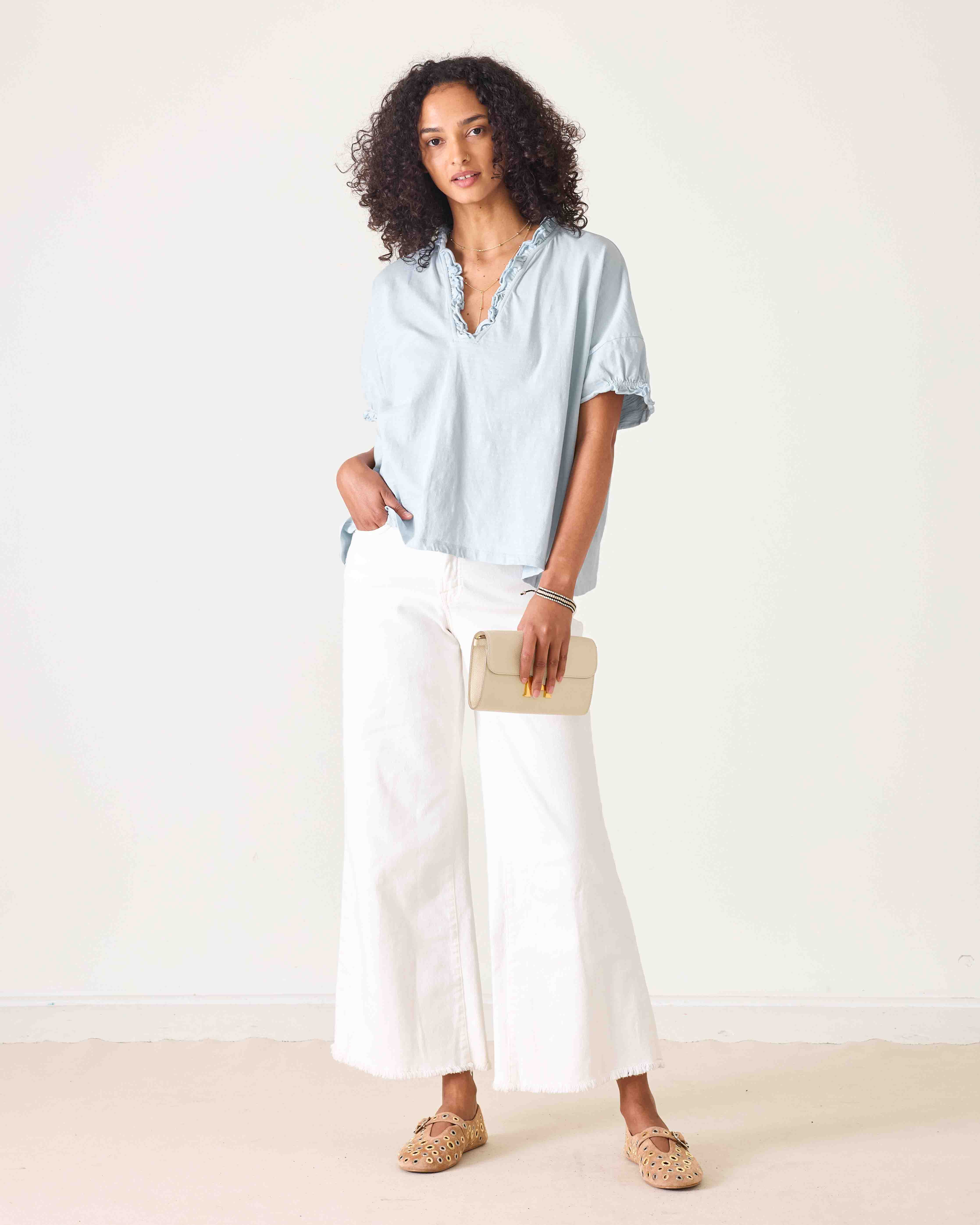 Women's Light Blue Short Sleeve Ruffle Tee