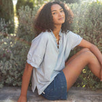 Women's Light Blue Short Sleeve Ruffle Tee