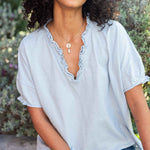 Women's Light Blue Short Sleeve Ruffle Tee