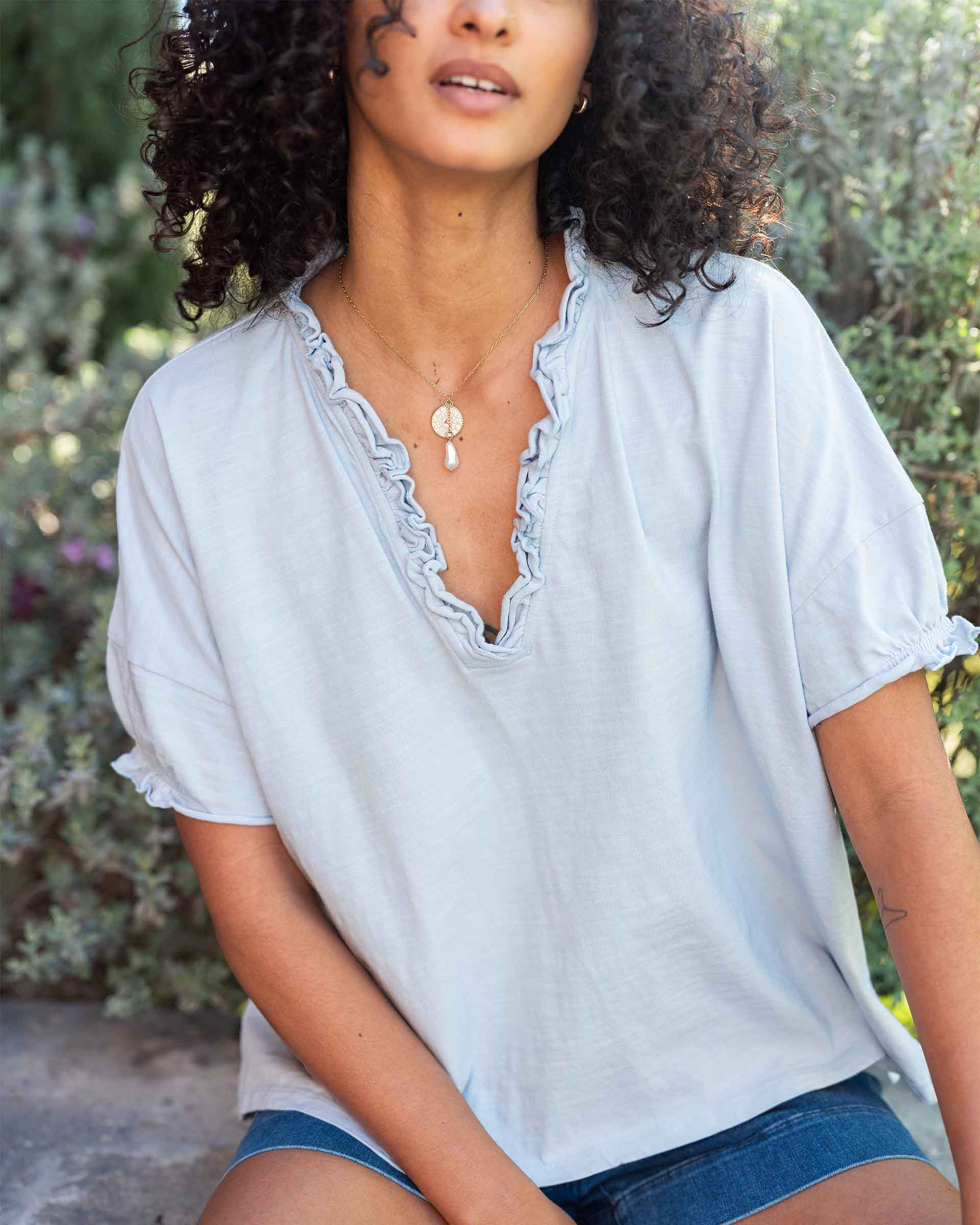 Women's Light Blue Short Sleeve Ruffle Tee