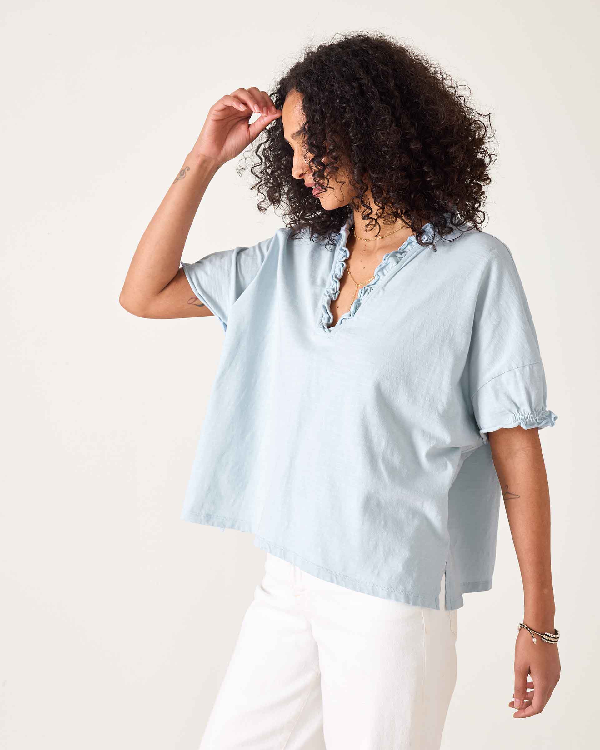 Women's Light Blue Short Sleeve Ruffle Tee
