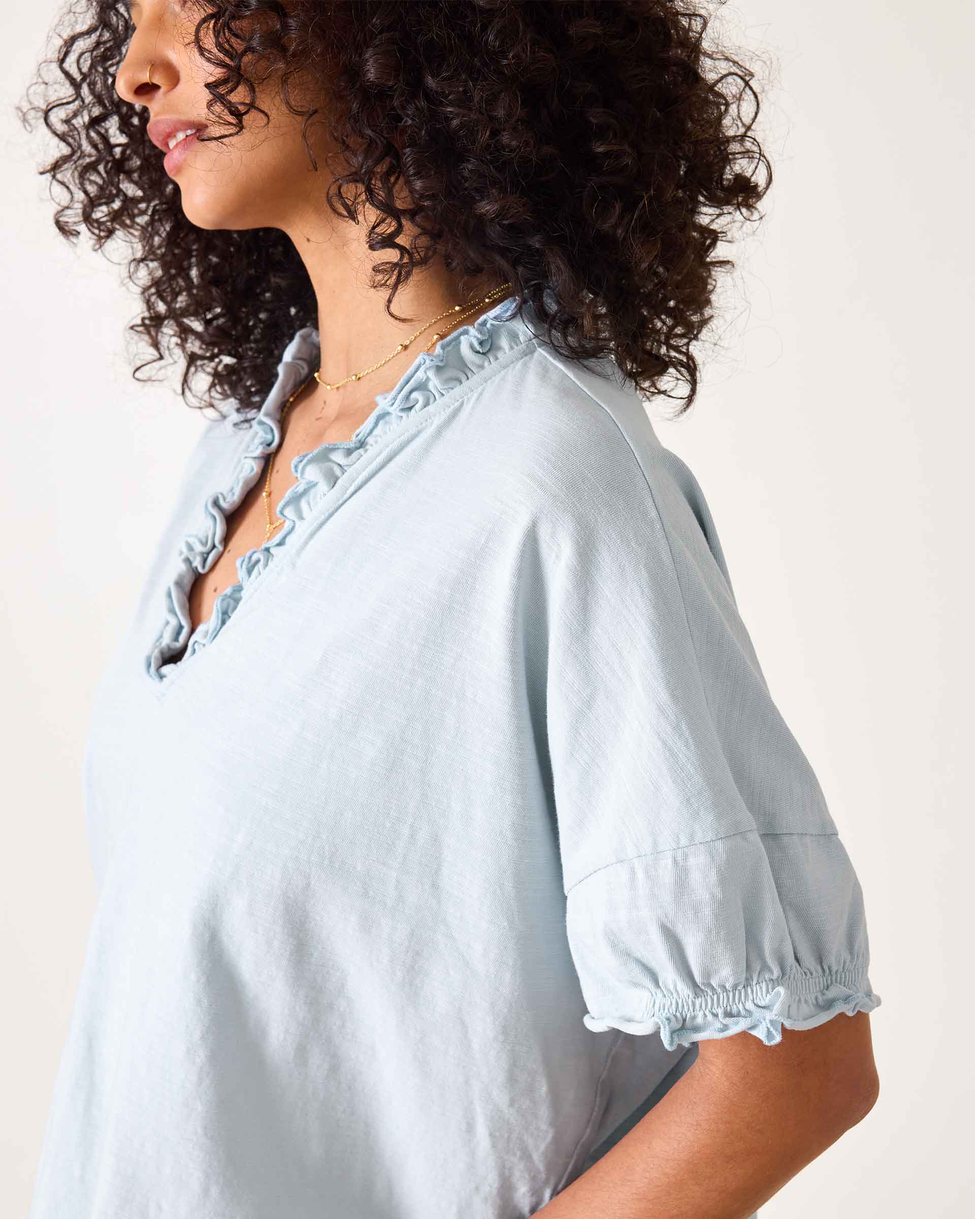 Women's Light Blue Short Sleeve Ruffle Tee