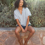Women's Light Blue Short Sleeve Ruffle Tee
