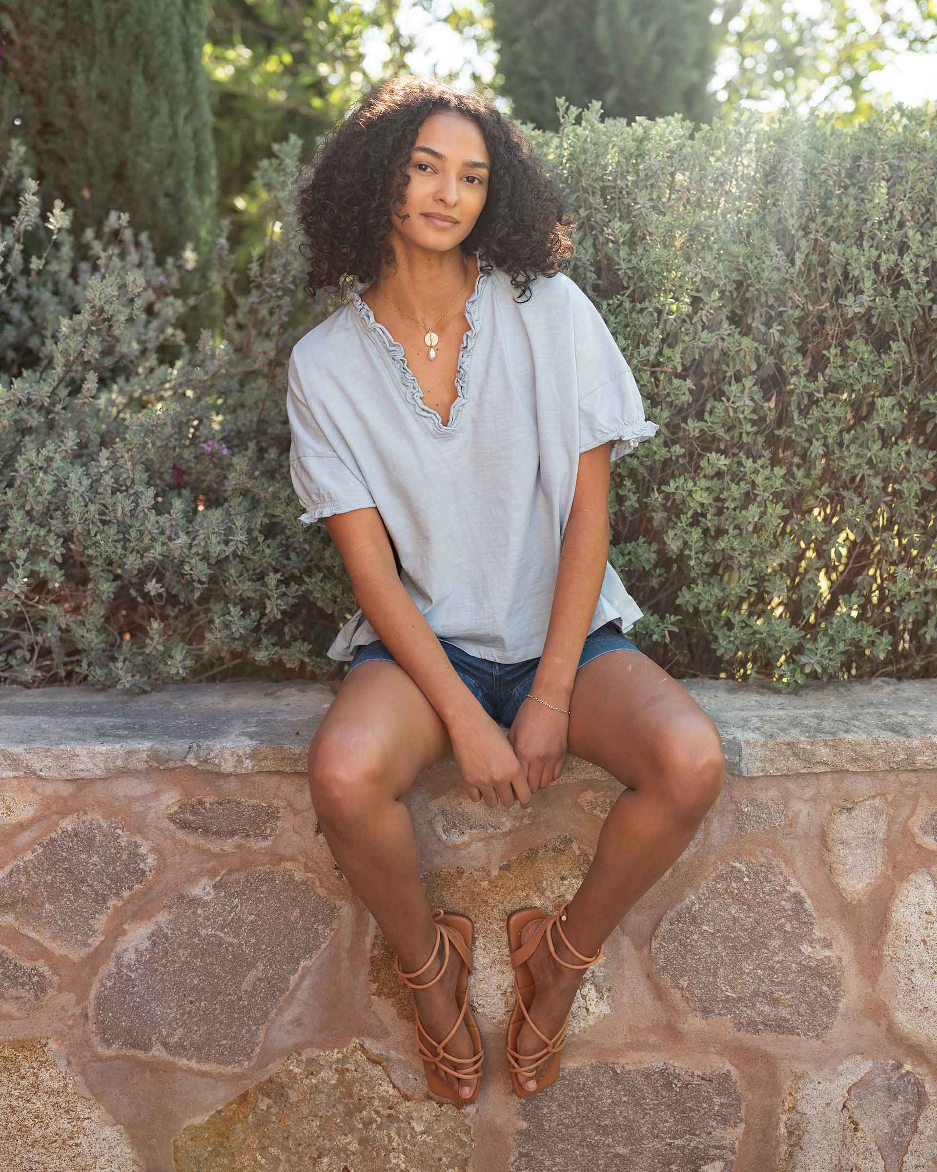 Women's Light Blue Short Sleeve Ruffle Tee