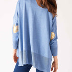 Women's One Size Light Blue Sweater with Gold Hearts on Sleeve