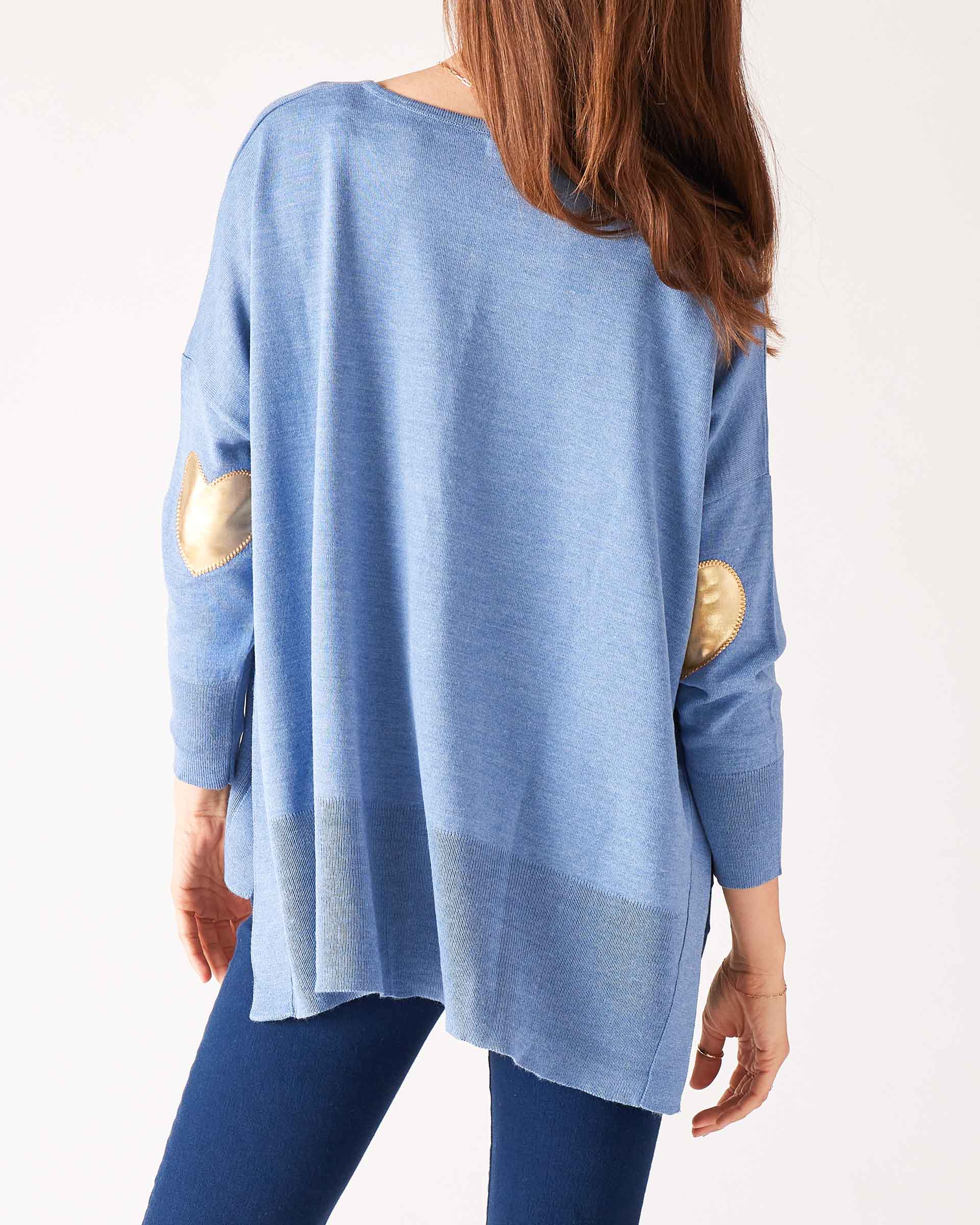 Women's One Size Light Blue Sweater with Gold Hearts on Sleeve