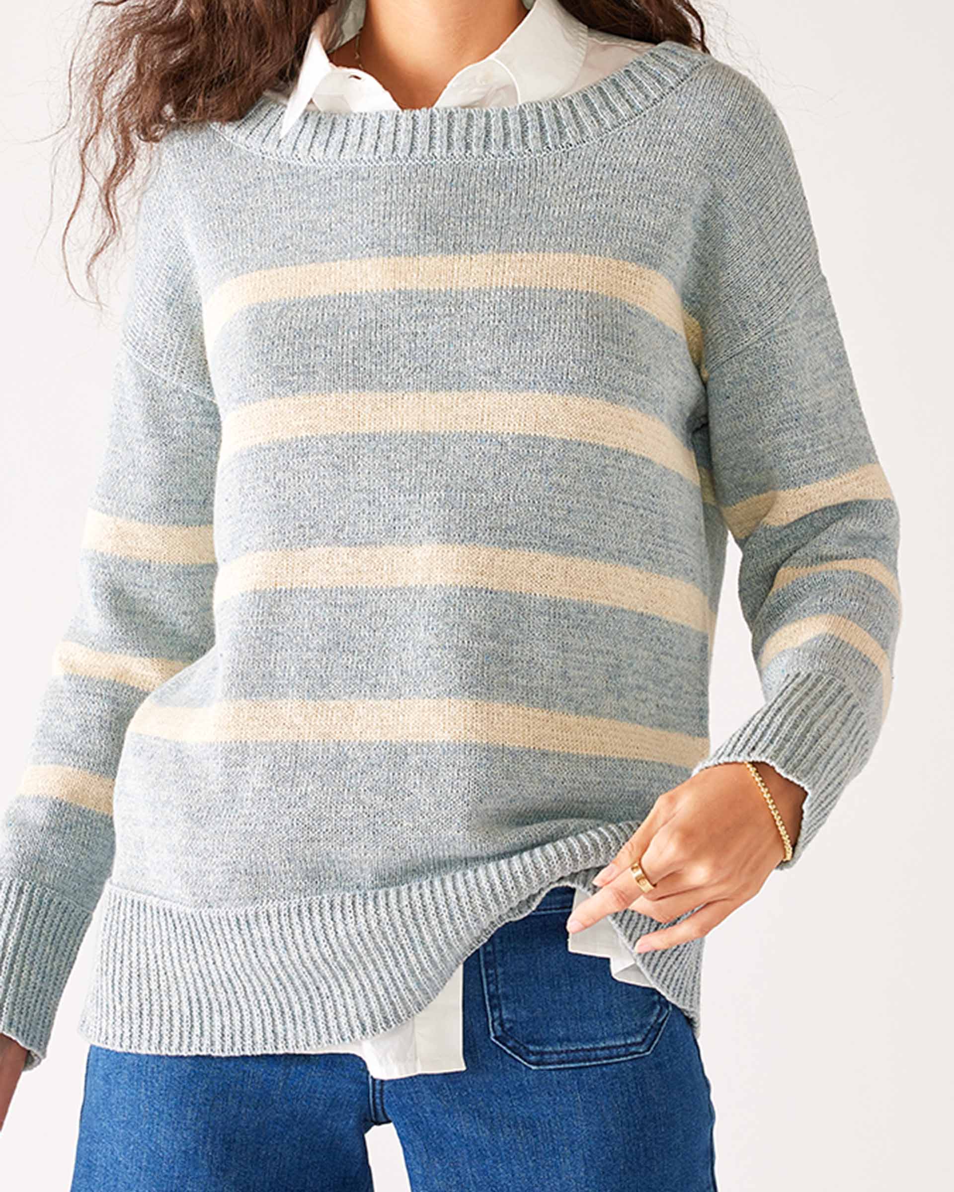 Women's Light Blue White Striped Heather Lightwieght Crewneck Seasider Sweater Front View Trim Detail