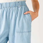 Women's Light Blue Wide Leg Deep Pocket Jeans Front View Close-up Pocket Detail