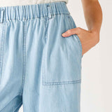 Women's Light Blue Wide Leg Deep Pocket Jeans Front View Close-up Pocket Detail