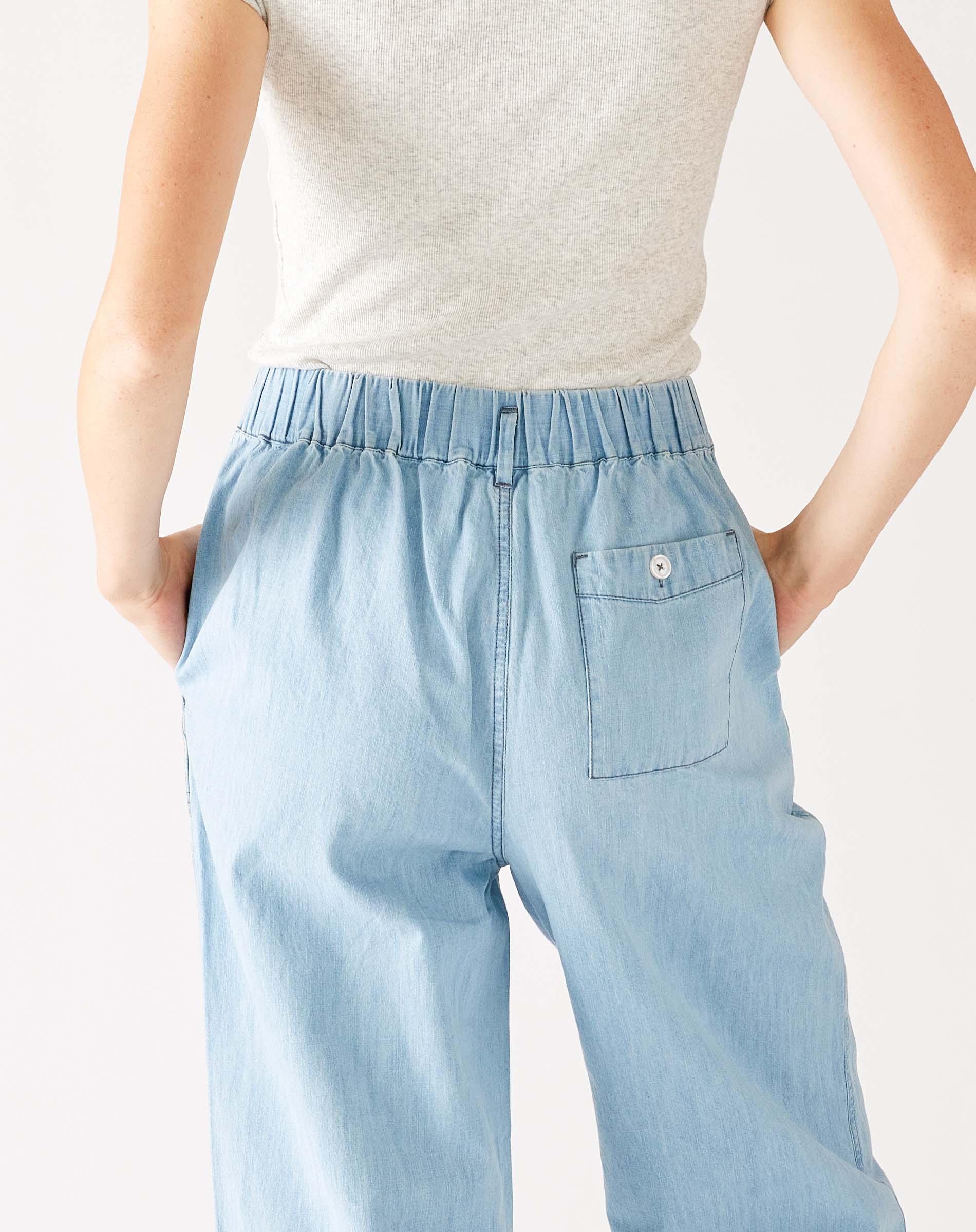 Women's Light Blue Wide Leg Deep Pocket Jeans Rear View Close-up Pocket Detail