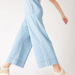 Women's Light Blue Wide Leg Deep Pocket Jeans Walking Side View