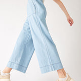 Women's Light Blue Wide Leg Deep Pocket Jeans Walking Side View