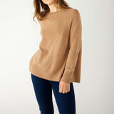 Women's Light Brown Cashmere Wool Blend Swingy Split Side Ribbed Collar Cuffs Hems Crewneck Pullover Sweater Front View 2