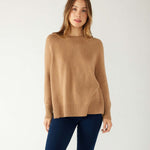 Women's Light Brown Cashmere Wool Blend Swingy Split Side Ribbed Collar Cuffs Hems Crewneck Pullover Sweater Front View