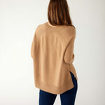 Women's Light Brown Cashmere Wool Blend Swingy Split Side Ribbed Collar Cuffs Hems Crewneck Pullover Sweater Rear View