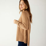 Women's Light Brown Cashmere Wool Blend Swingy Split Side Ribbed Collar Cuffs Hems Crewneck Pullover Sweater Side View