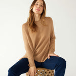 Women's Light Brown Cashmere Wool Blend Swingy Split Side Ribbed Collar Cuffs Hems Crewneck Pullover Sweater Sitting