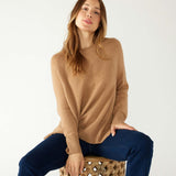 Women's Light Brown Cashmere Wool Blend Swingy Split Side Ribbed Collar Cuffs Hems Crewneck Pullover Sweater Sitting