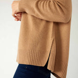 Women's Light Brown Cashmere Wool Blend Swingy Split Side Ribbed Collar Cuffs Hems Crewneck Pullover Sweater Waistline Detail