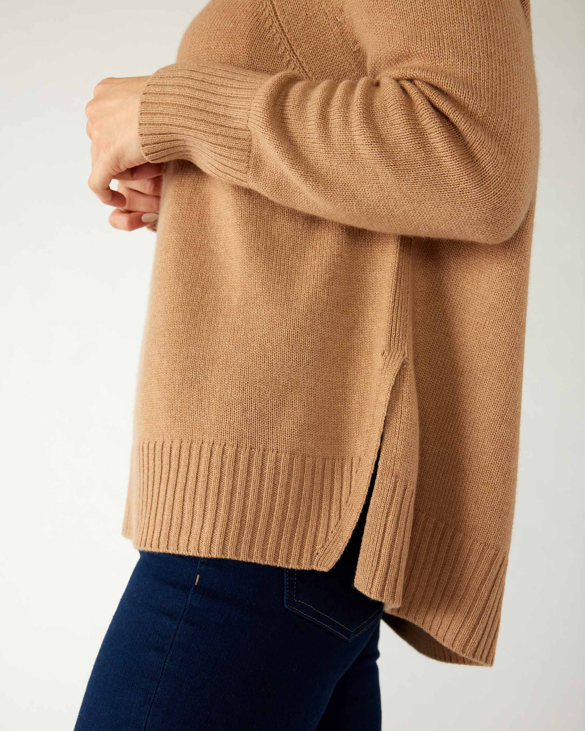 Women's Light Brown Cashmere Wool Blend Swingy Split Side Ribbed Collar Cuffs Hems Crewneck Pullover Sweater Waistline Detail