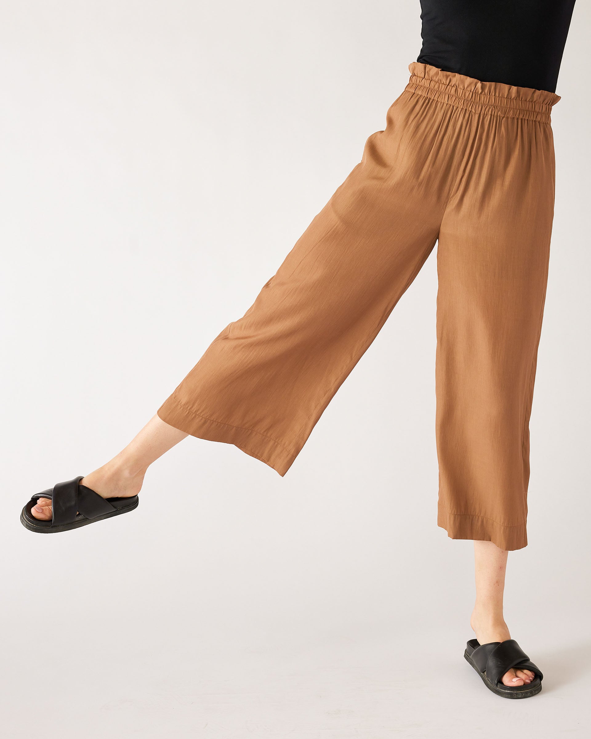 Women's Light Brown Lightweight Wide Leg Pant Front View Ruffle Paperbag Waist