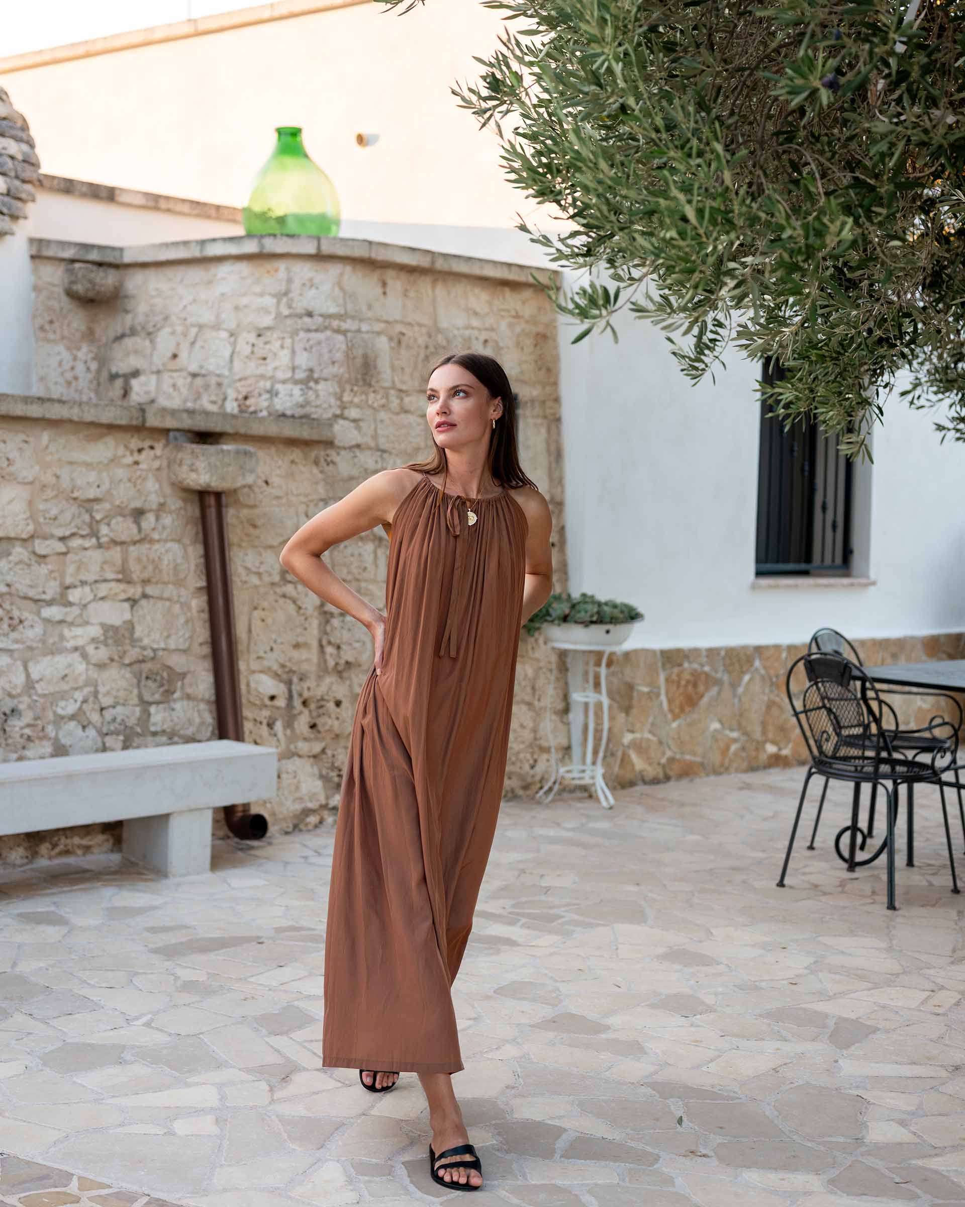 Women's Light Brown Loose Fit Pullover Maxi Dress Front View Full Body Front View with Hands on Head