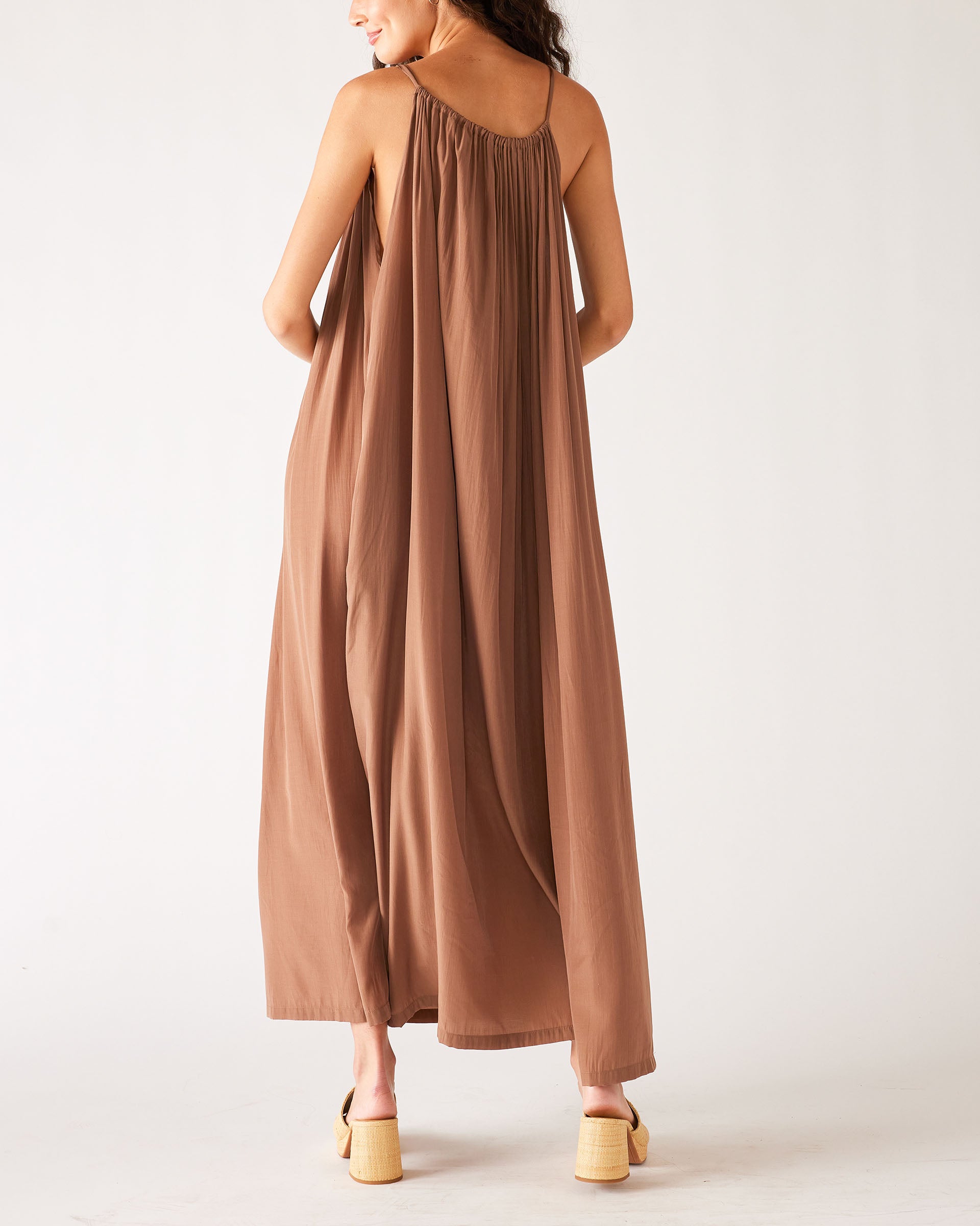 Women's Light Brown Loose Fit Pullover Maxi Dress Full Body Rear View 
