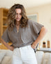 Women's Light Brown Short Sleeve Tee One Size Front View with Jeans