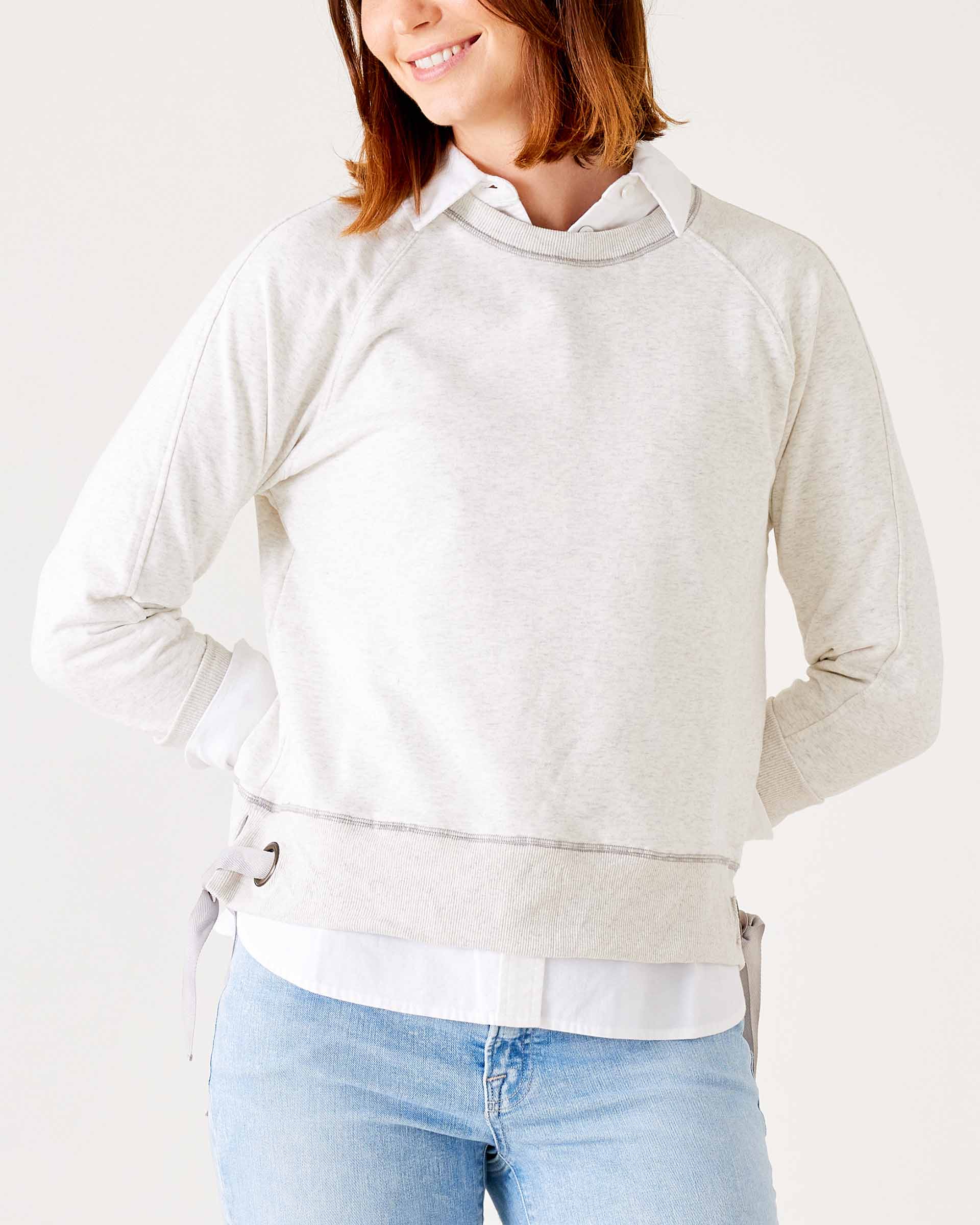 Women's Light Grey Crewneck Sweatshirt with Adjustable Ribbon Ties