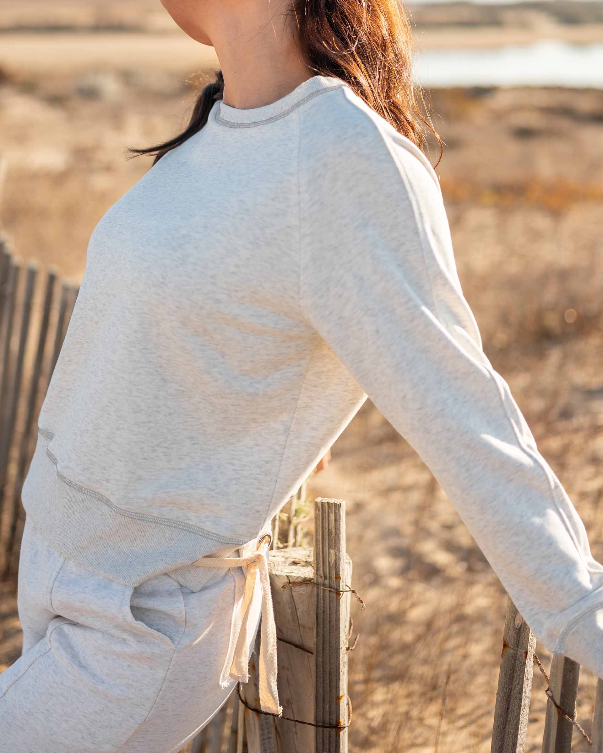 Women's Light Grey Crewneck Sweatshirt with Adjustable Ribbon Ties