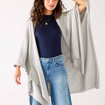 Women's Light Grey Heathered Cashmere Lightweight Travel Wrap Open Front View with Hand on Head