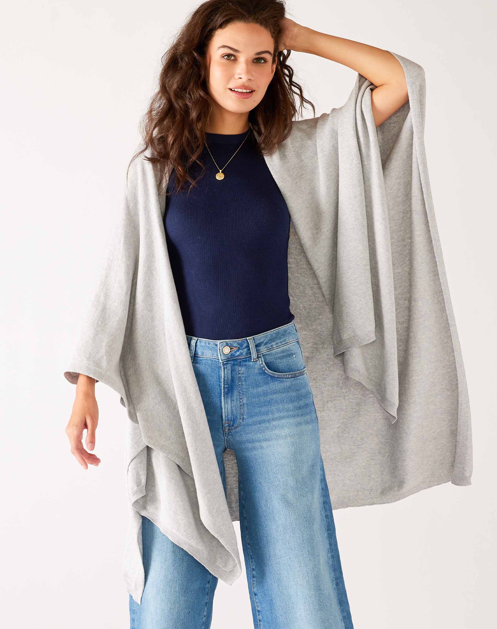 Women's Light Grey Heathered Cashmere Lightweight Travel Wrap Open Front View with Hand on Head