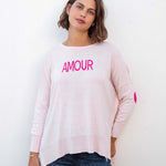 Women's Light Pink One Sized Sweater With Pink Hearts On Elbow and AMOUR Motto on Chest