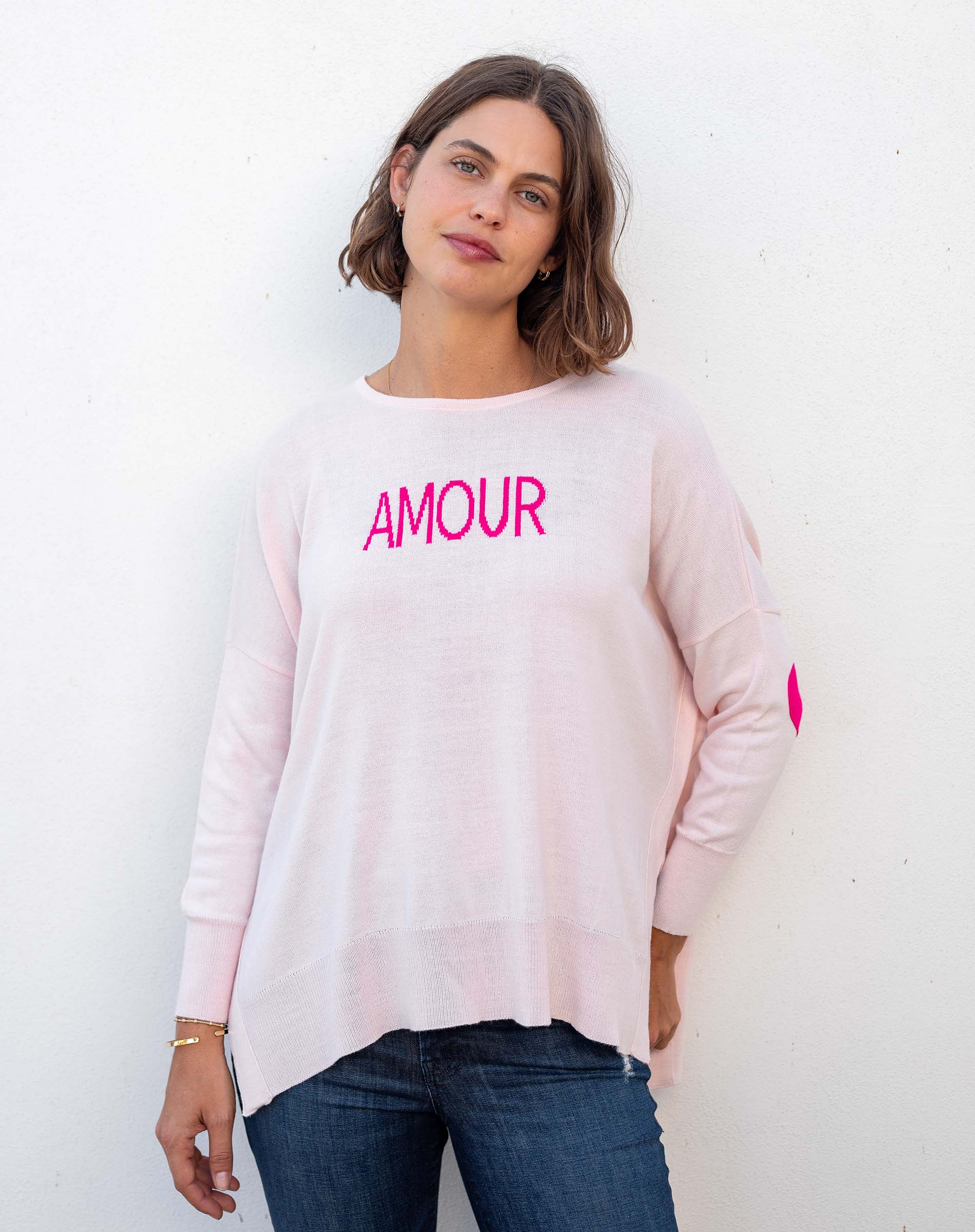 Women's Light Pink One Sized Sweater With Pink Hearts On Elbow and AMOUR Motto on Chest