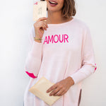 Women's Light Pink One Sized Sweater With Pink Hearts On Elbow and AMOUR Motto on Chest