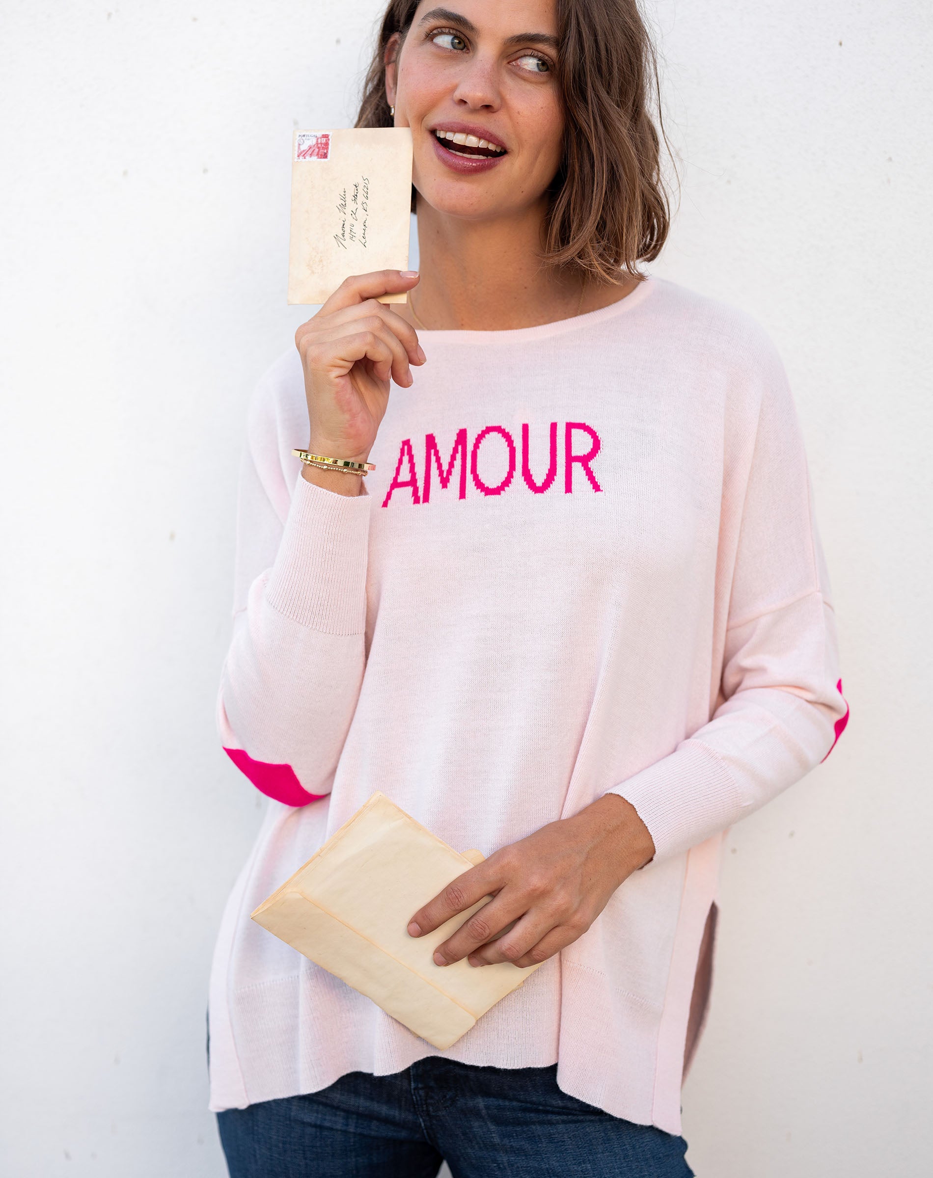 Women's Light Pink One Sized Sweater With Pink Hearts On Elbow and AMOUR Motto on Chest