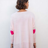 Women's Light Pink One Sized Sweater With Pink Hearts On Elbow and AMOUR Motto on Chest