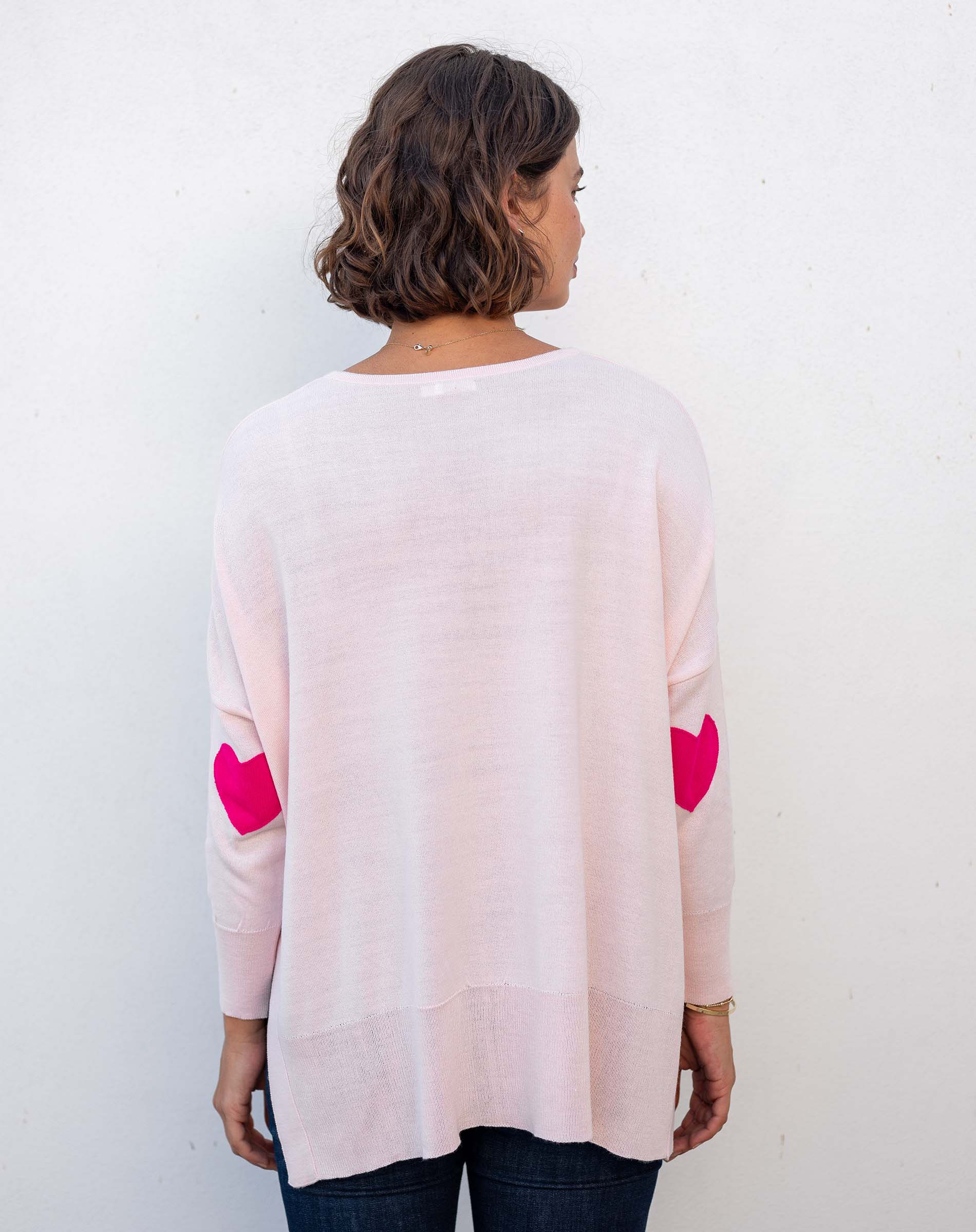 Women's Light Pink One Sized Sweater With Pink Hearts On Elbow and AMOUR Motto on Chest